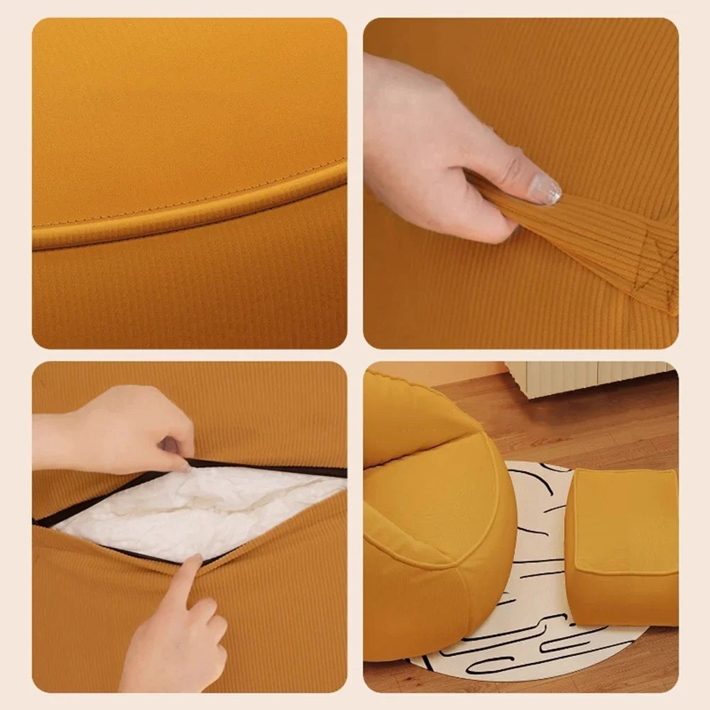 Collage of a mustard yellow cushion being folded and placed on a chair.