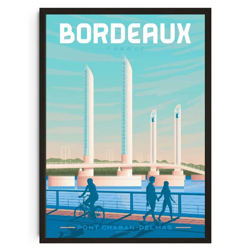 Poster of Bordeaux with people on a bridge and architectural landmarks.
