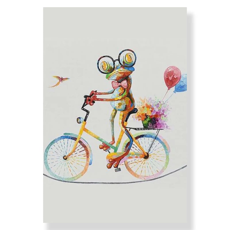 Colorful illustration of a frog riding a bicycle with flowers and balloons on a white background