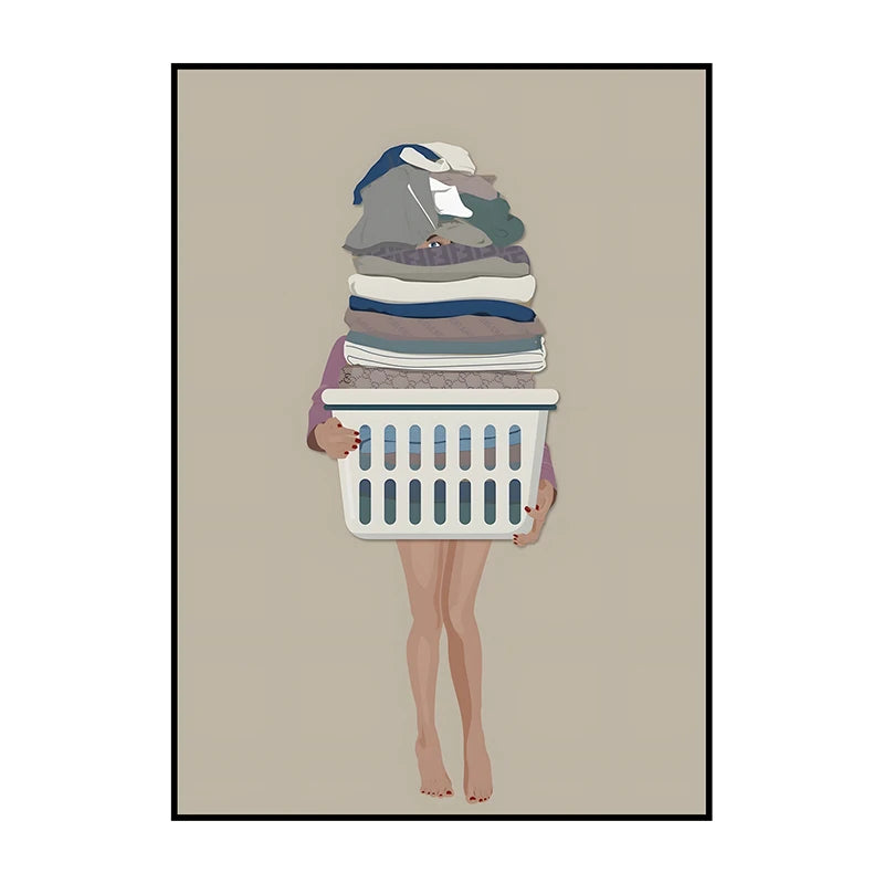 Illustration of a person holding a laundry basket filled with clothes on a beige background