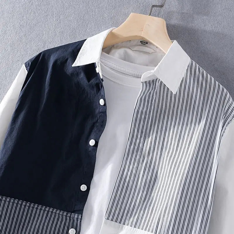 Men’s patchwork striped long sleeve shirt with contrast white or blue collar.
