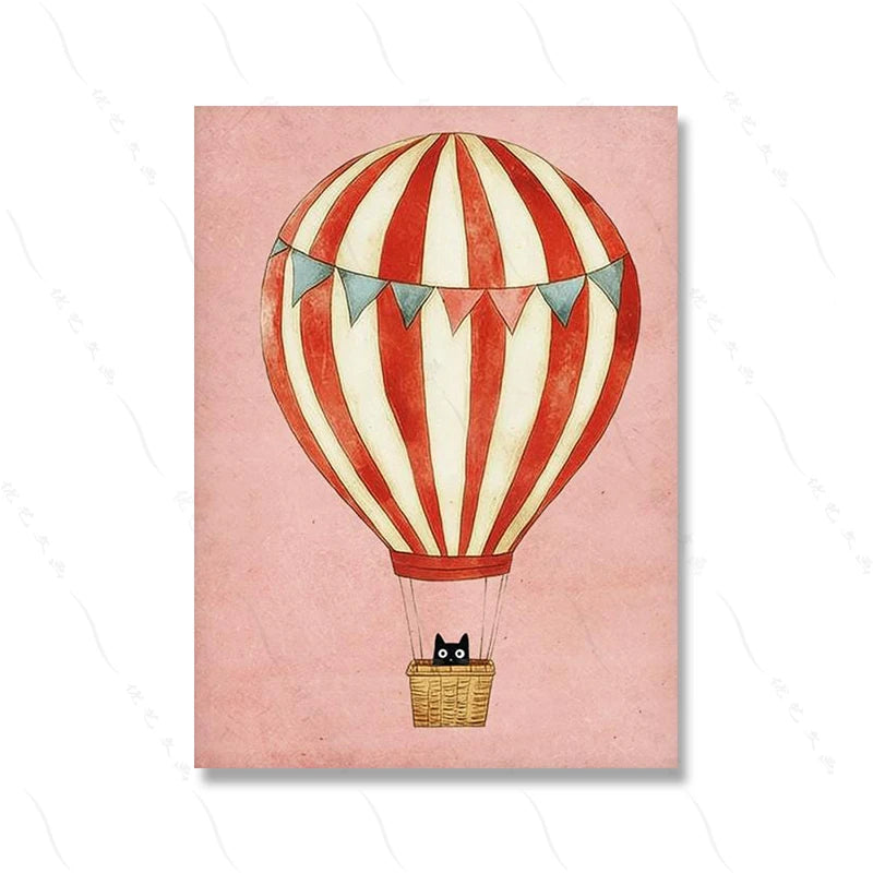 Illustration of a red and white striped hot air balloon with a basket containing a cat on a pink background.