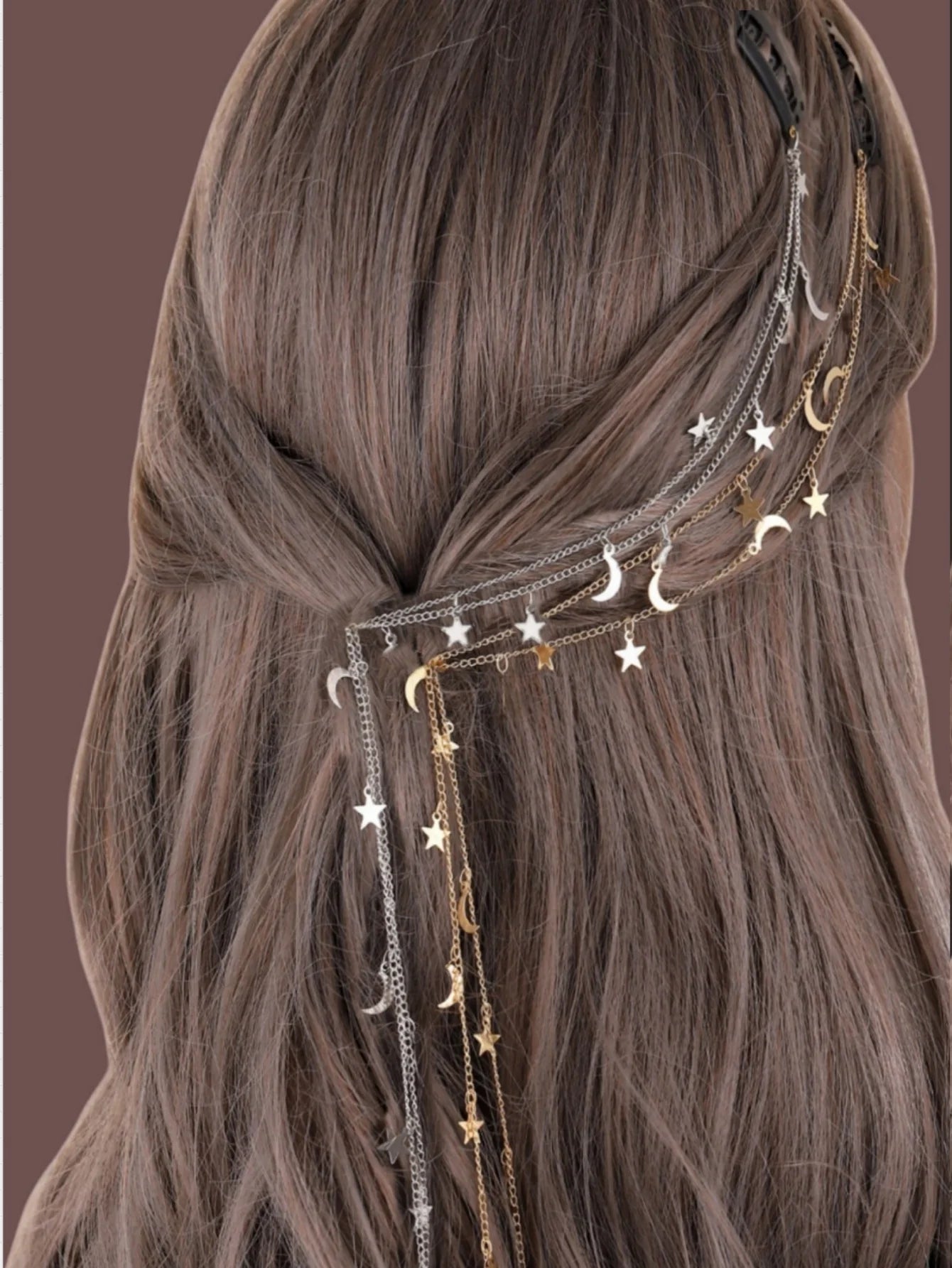 2pc Moon and Star Braided Hair Chain Accessory on long hairstyle