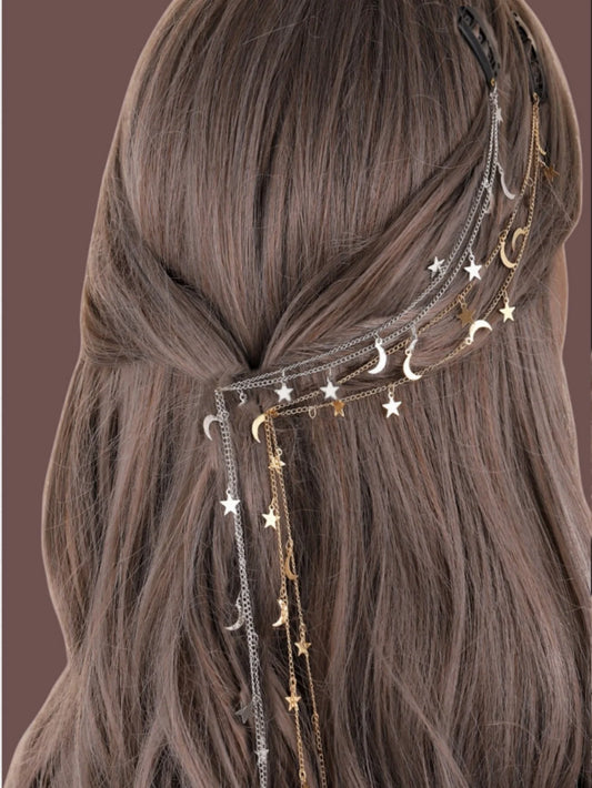2pc Moon and Star Braided Hair Chain Accessory on long hairstyle