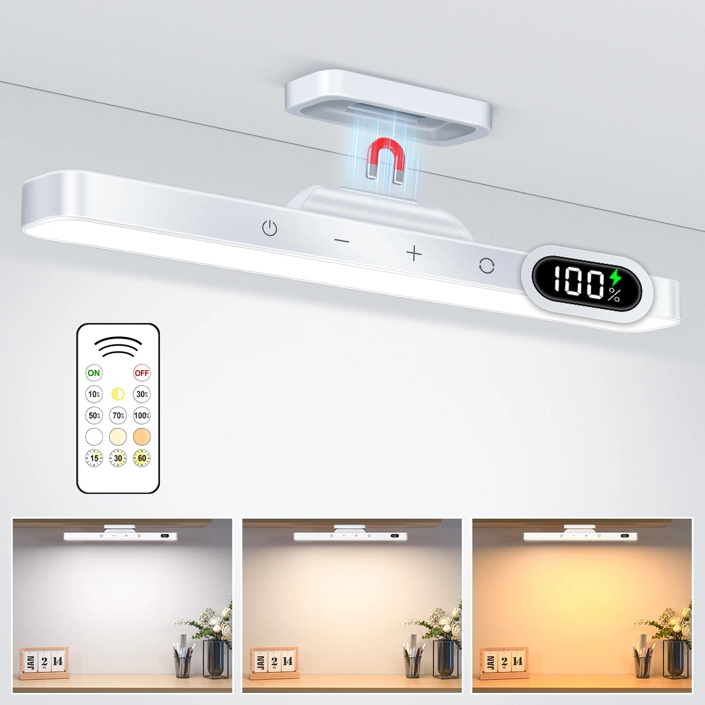Ceiling-mounted light fixture with digital display and remote control on a white background