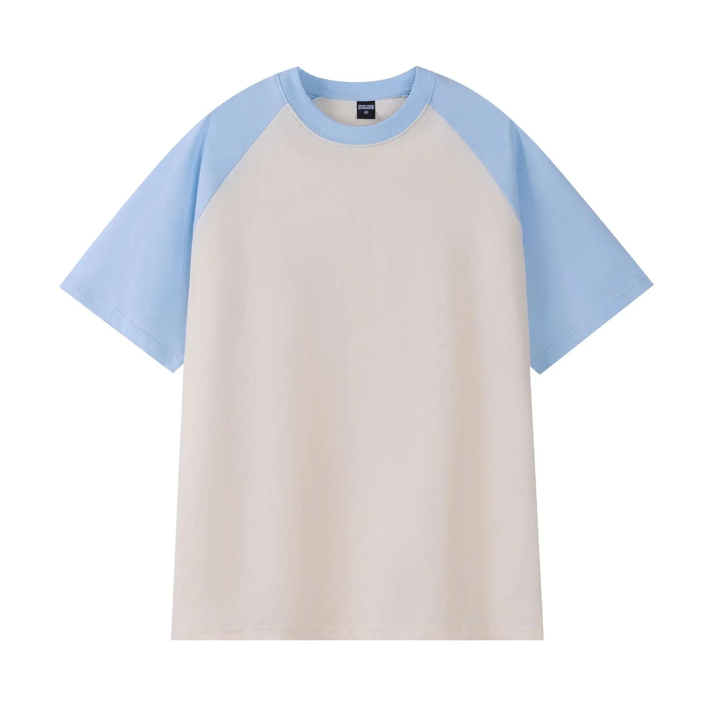Beige t-shirt with light blue sleeves on a white background
