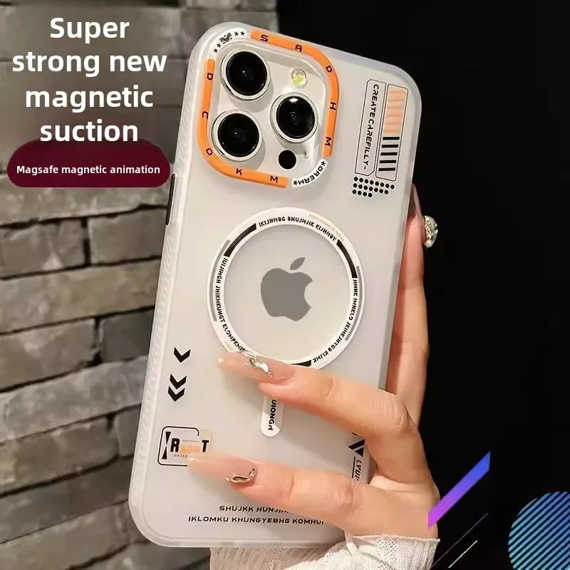 Phone case with magnetic features held by a hand against a dark background