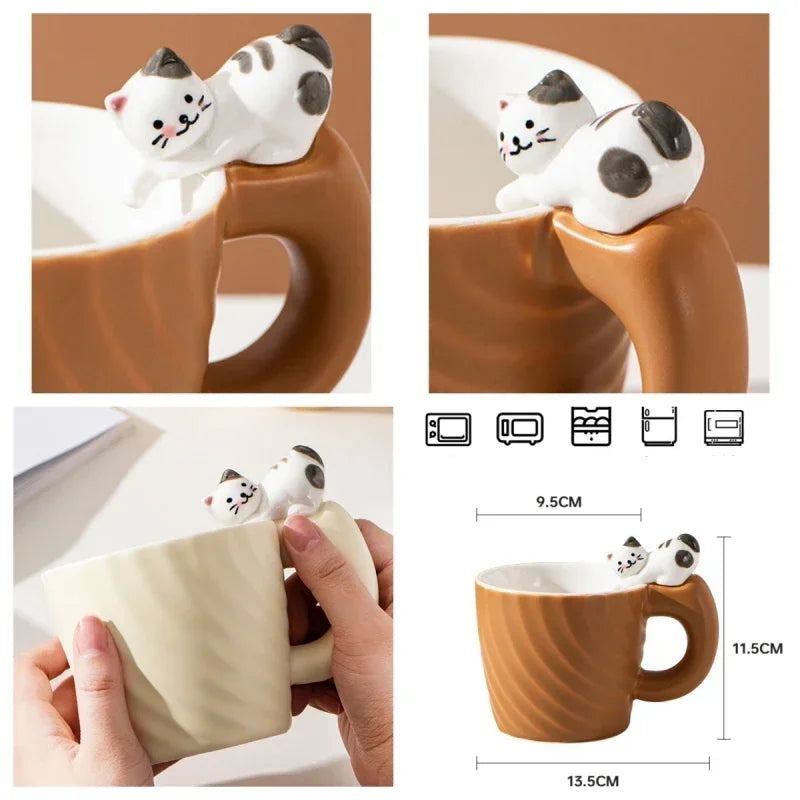 Cat-shaped mug with a hand holding it, showing dimensions, and product icons.