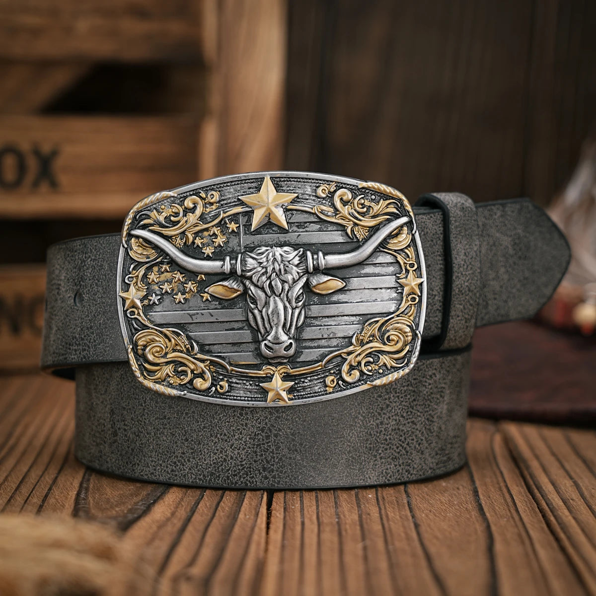 Unisex Western Style PU Leather Belt with Vintage Bull Head Buckle