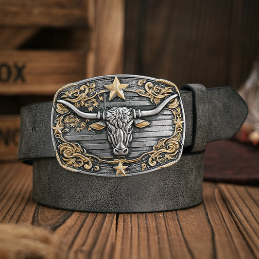 Unisex Western Style PU Leather Belt with Vintage Bull Head Buckle
