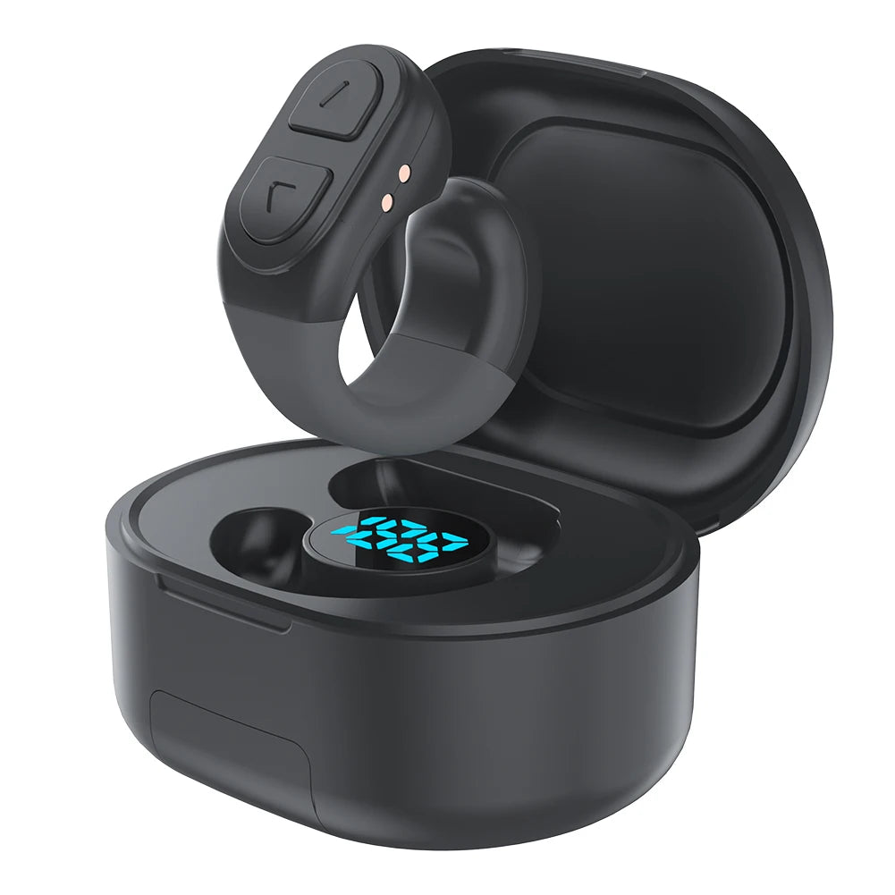 Black wireless earbuds with charging case on a white background