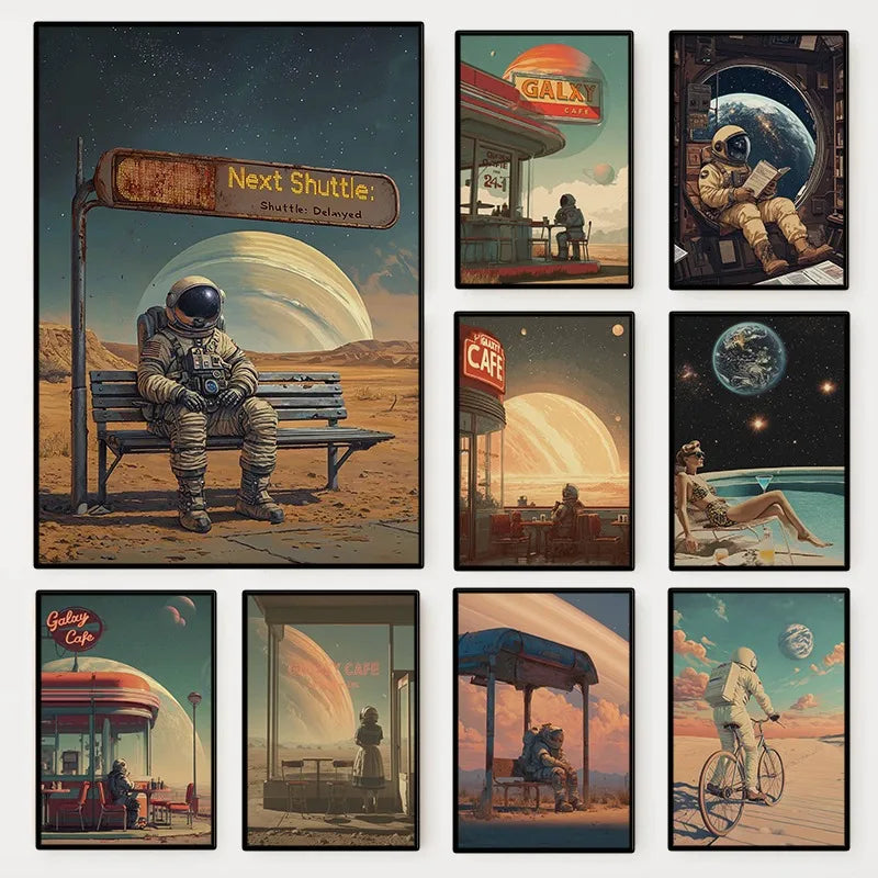 Collection of space-themed posters featuring astronauts, a bus stop, and a cafe.
