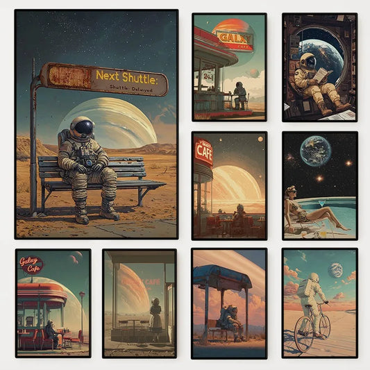 Collection of space-themed posters featuring astronauts, a bus stop, and a cafe.