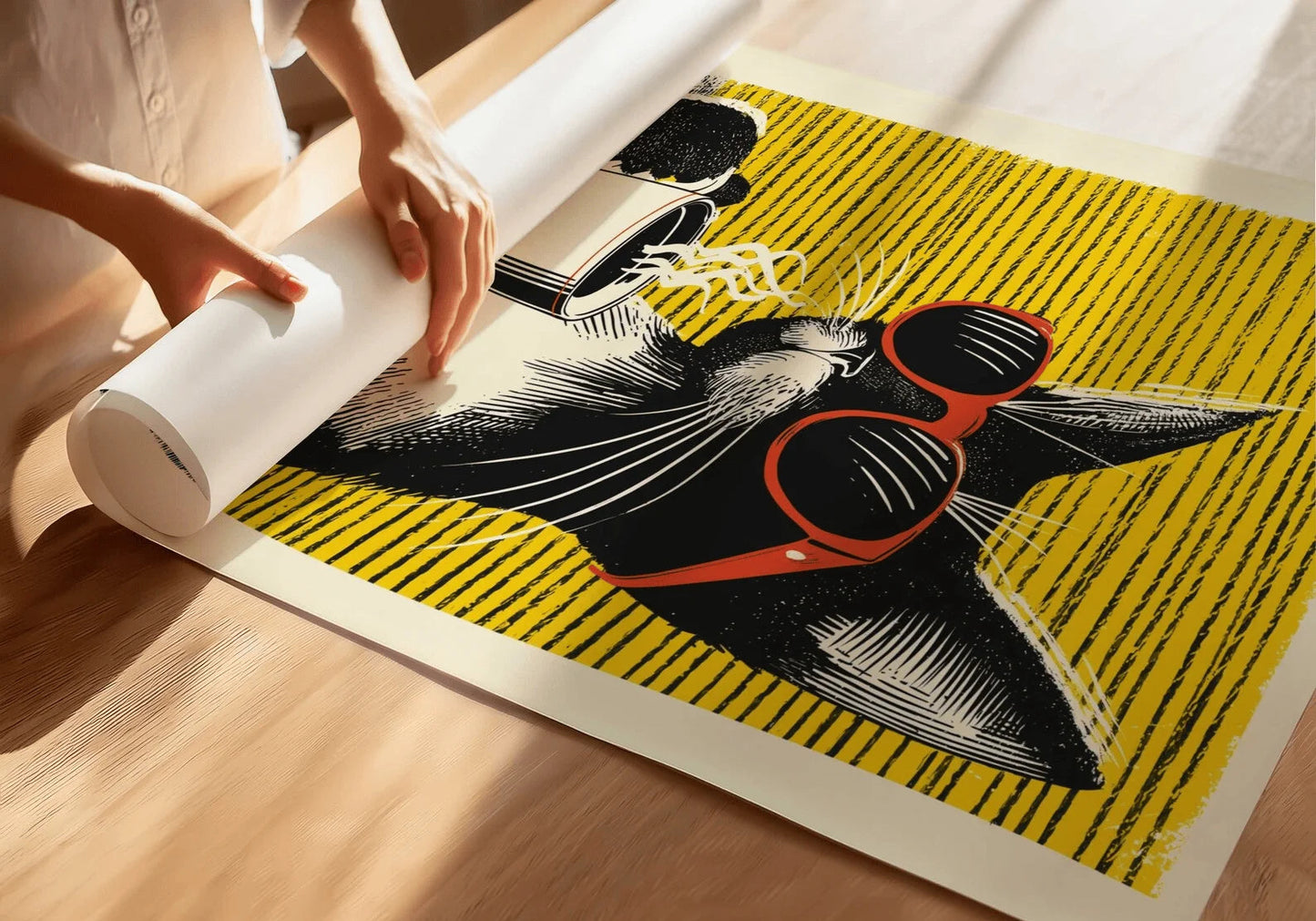 Person unrolling a large poster of a cat wearing sunglasses on a wooden floor.