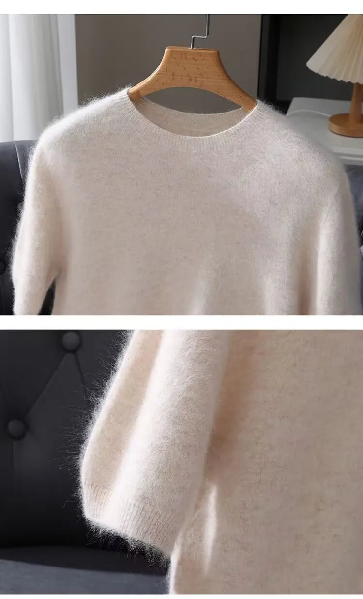 White fluffy sweater on a hanger with a close-up of the fabric texture.