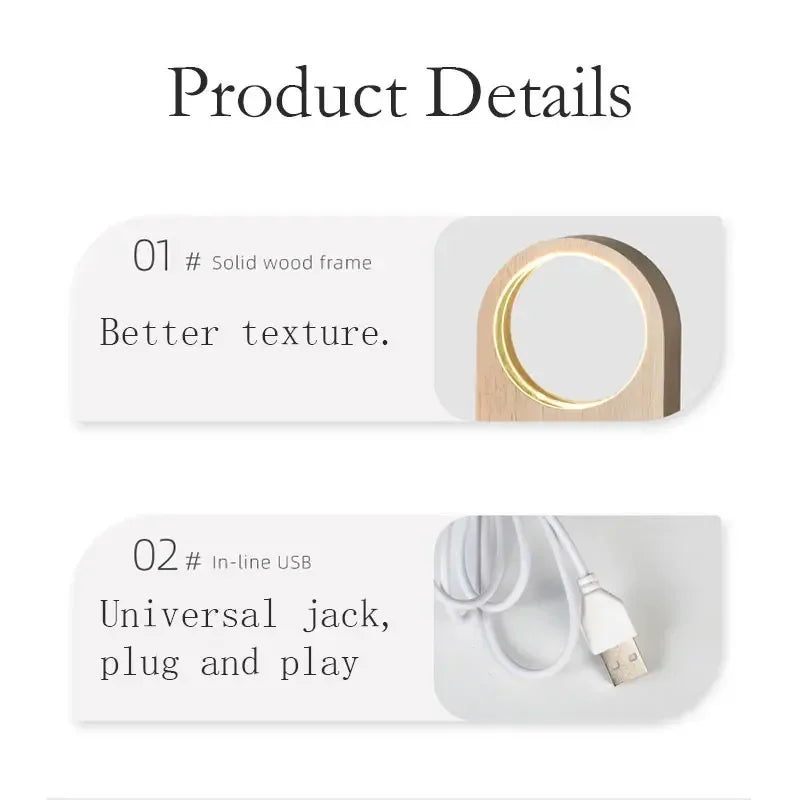 Product details of a wooden frame with USB cable on a white background