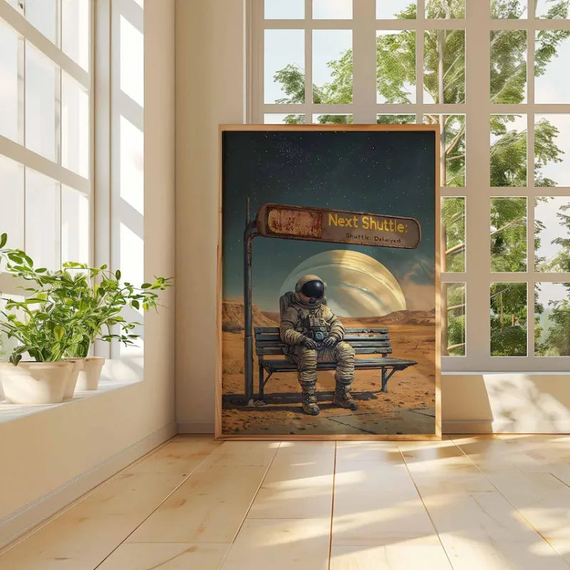 Framed artwork of an astronaut sitting on a bench with a 'Next Shuttle' sign in a room with large windows.