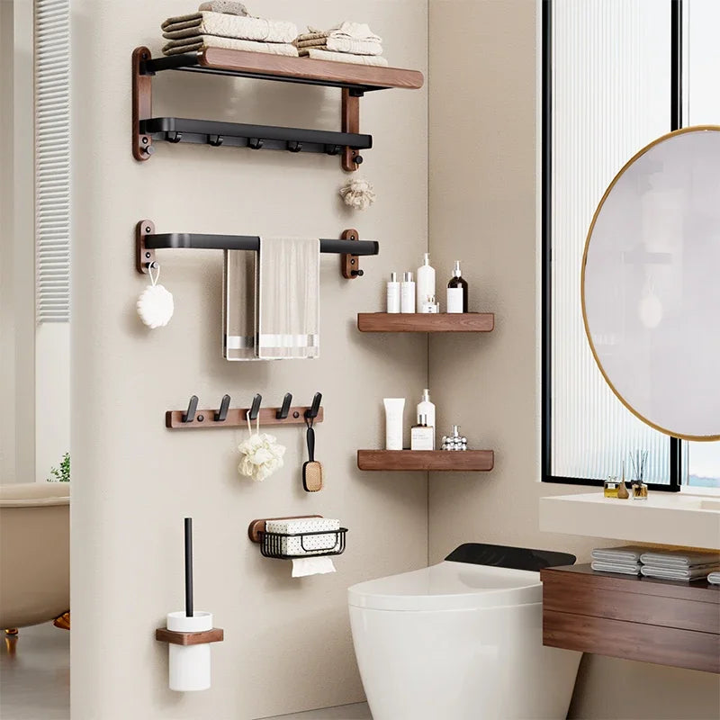 Bathroom with wooden shelves, toilet paper holder, and toiletries.
