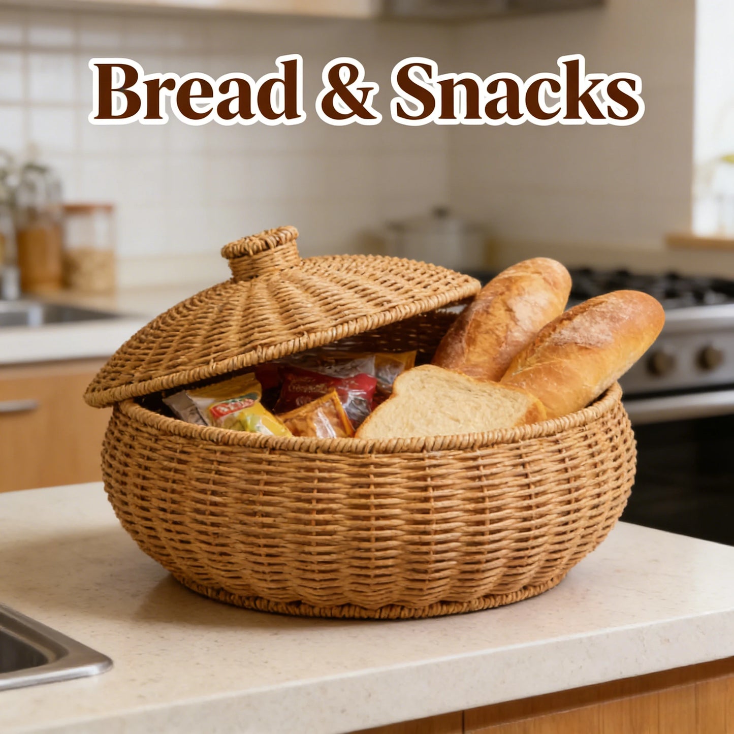 Wicker bread basket with loaves of bread and snacks on a kitchen counter, with 'Bread & Snacks' text above.