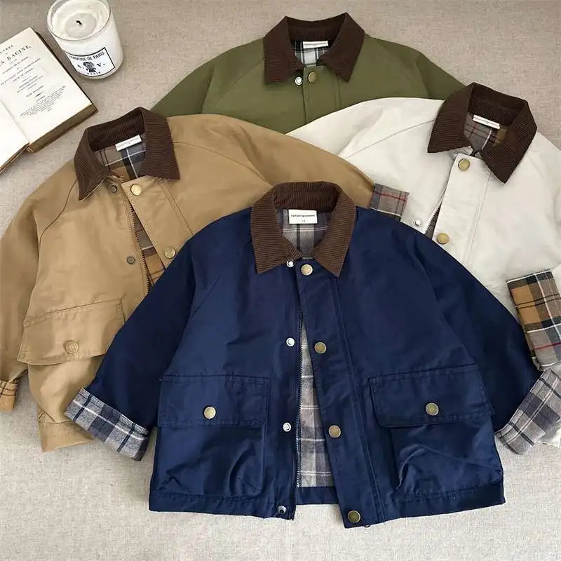 Boys Plaid Lined Jacket, Spring Autumn Cotton Coat