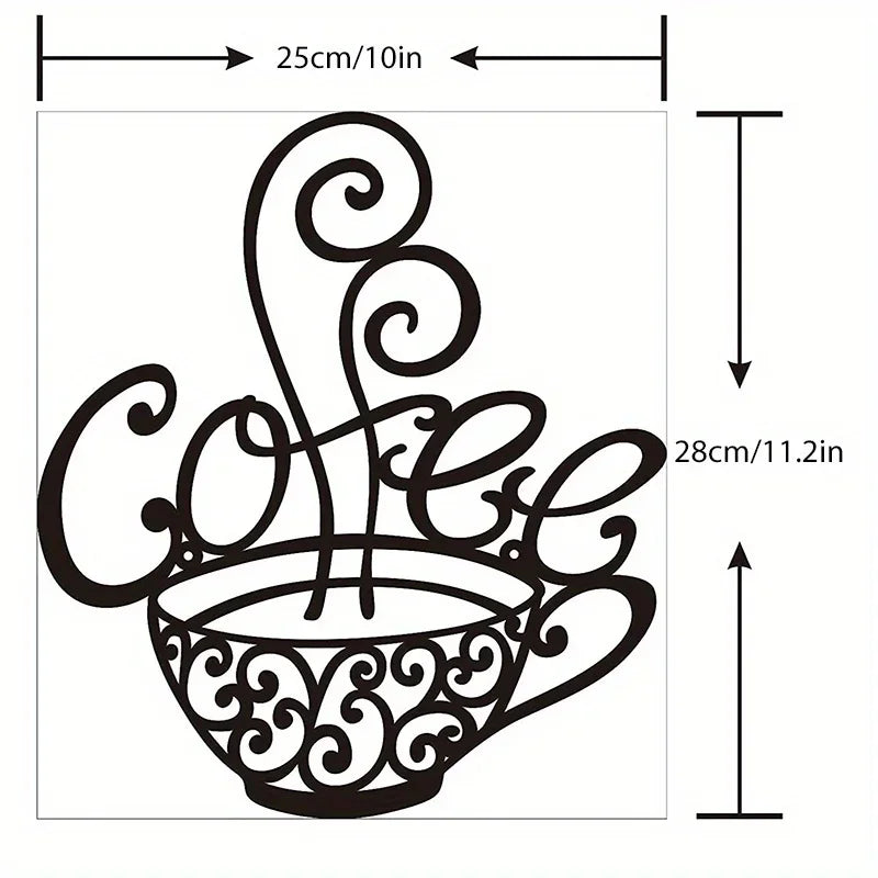 Decorative metal wall art of a coffee cup with decorative elements and measurements.