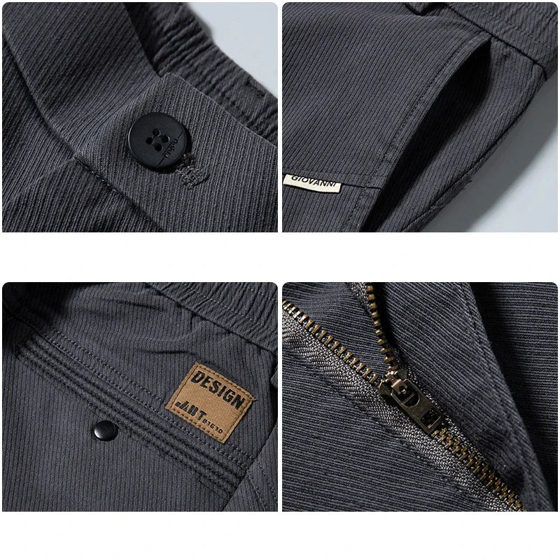 Collage of close-up details of a gray jacket including buttons, zipper, and brand label.