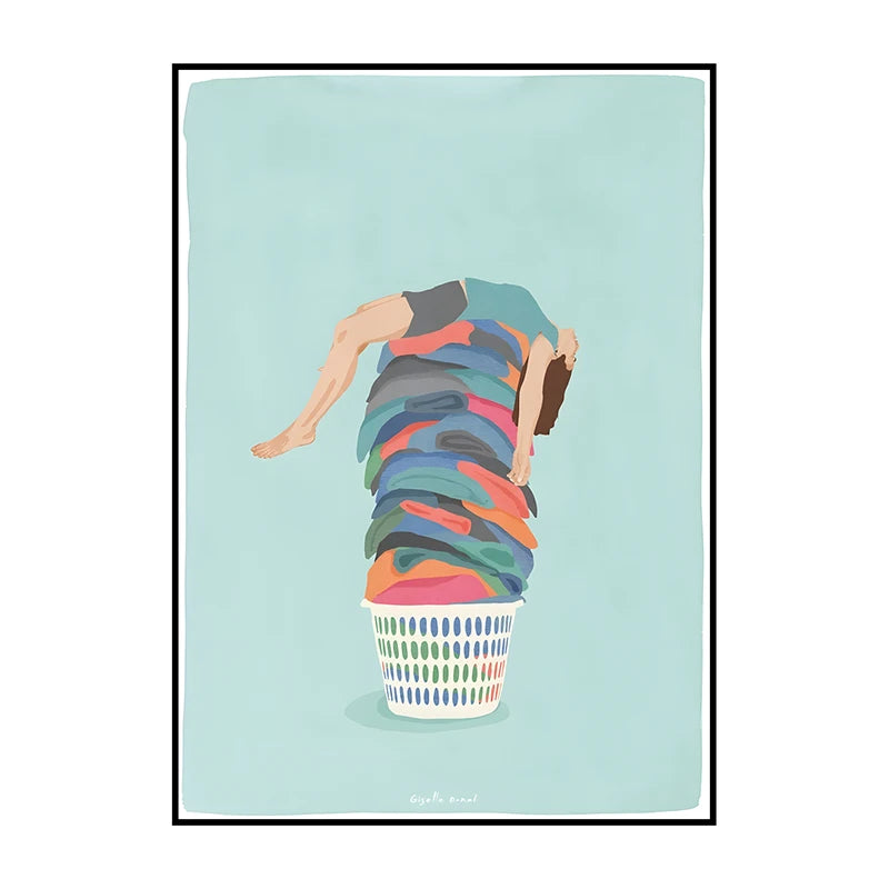 Colorful illustration of a person with a stack of clothes on a light blue background