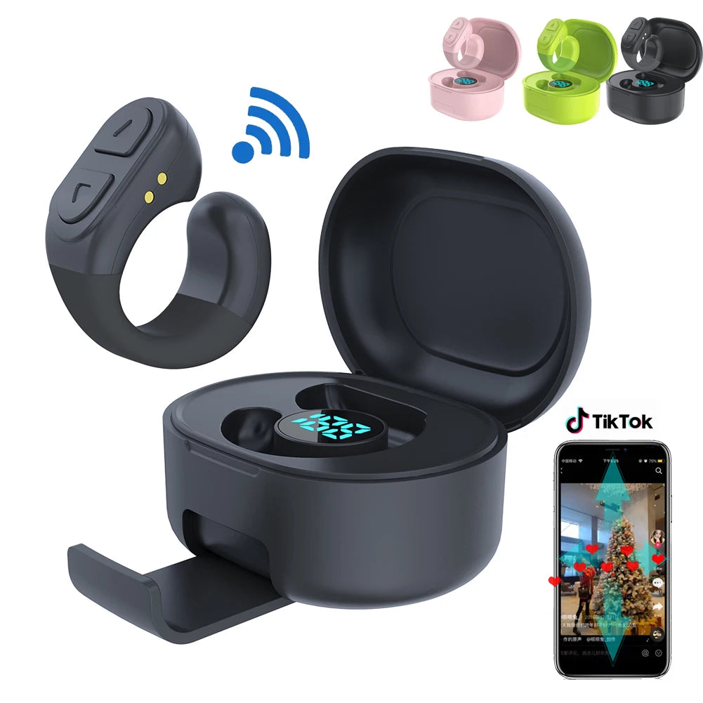Bluetooth fingertip scrolling ring remote with charging case and phone stand for hands free phone control