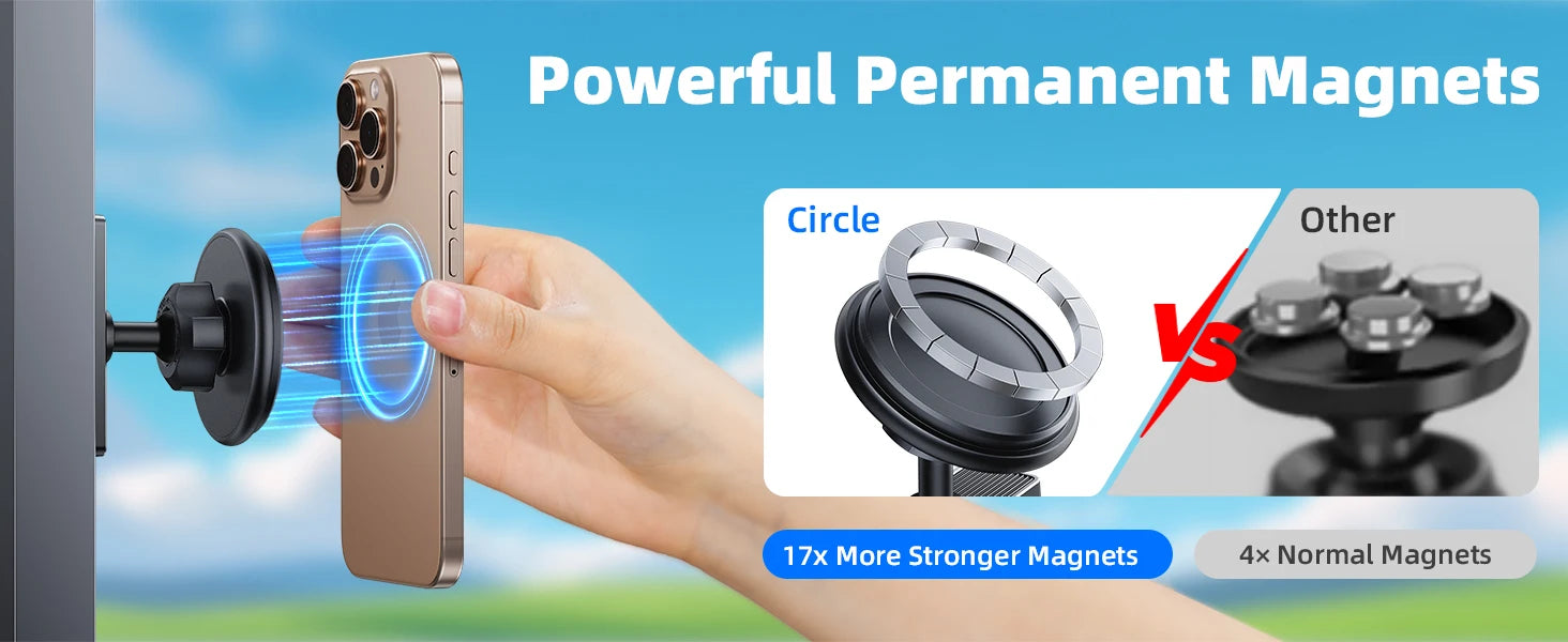 Phone with a magnetic ring holder and comparison of circle vs other designs on a blue background.