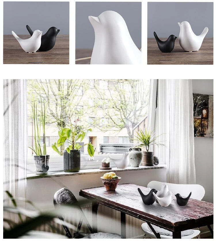 Collage of decorative bird figurines on a table with a home interior setting.