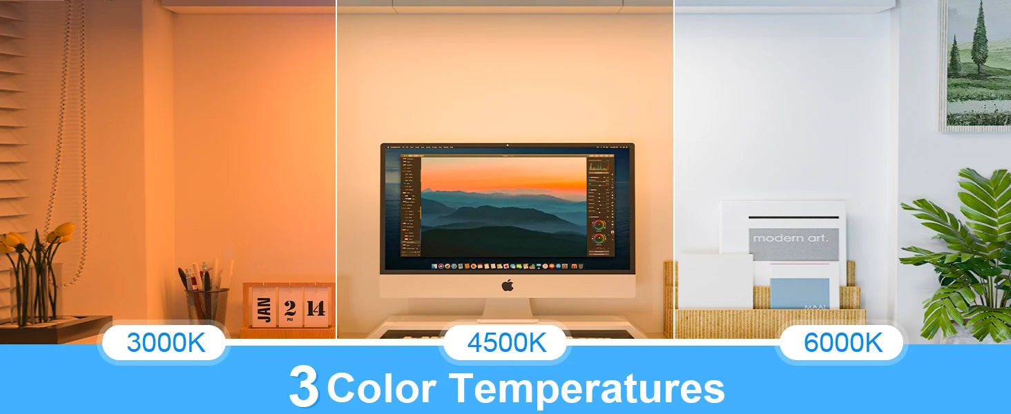 Comparison of color temperatures on a computer screen with 3000K, 4500K, and 6000K labels.