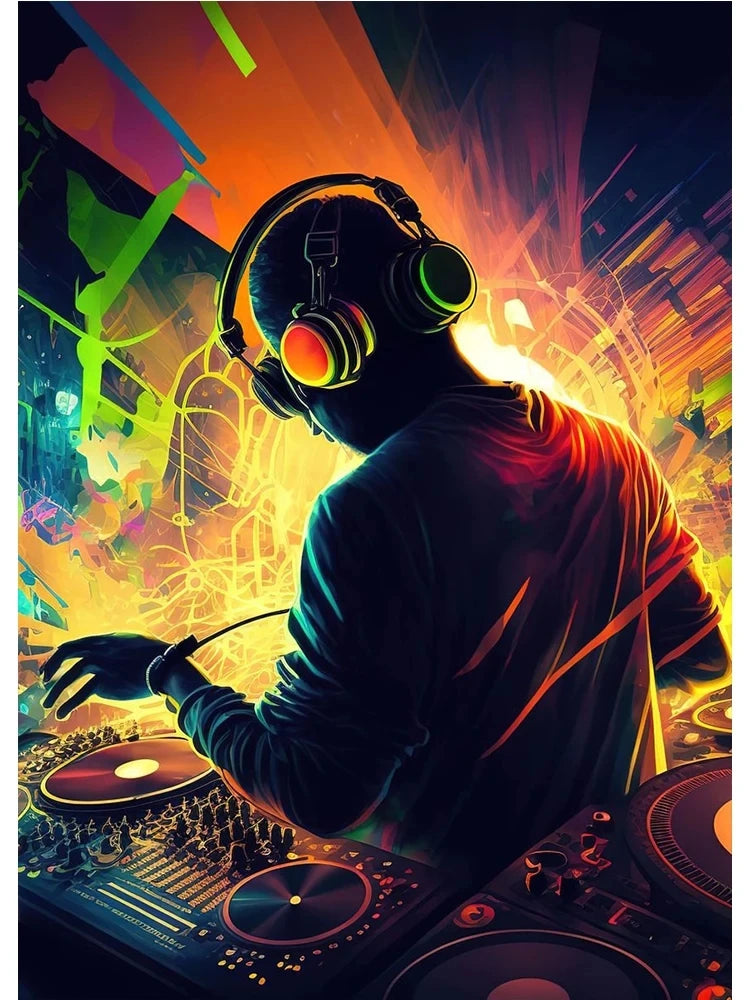 Dj at a turntable with colorful abstract background