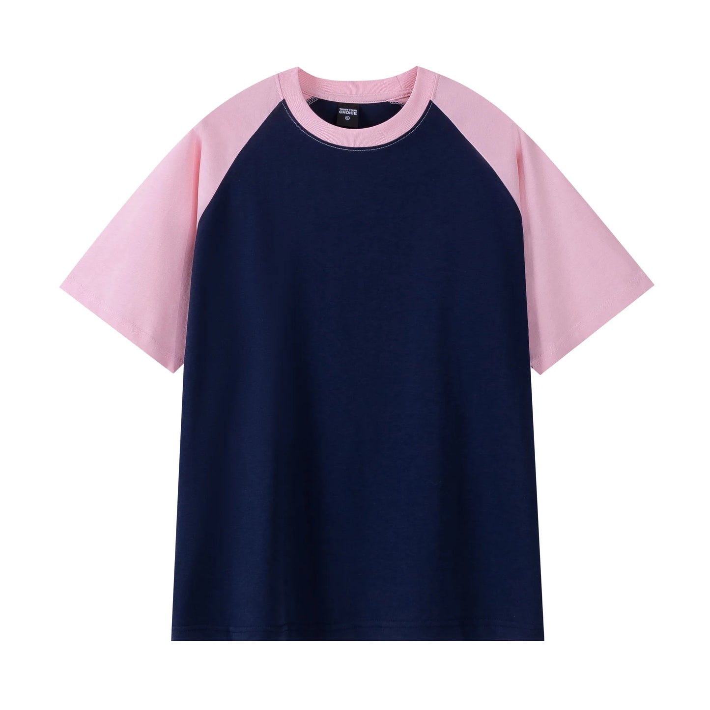 Navy blue t-shirt with pink sleeves on a white background