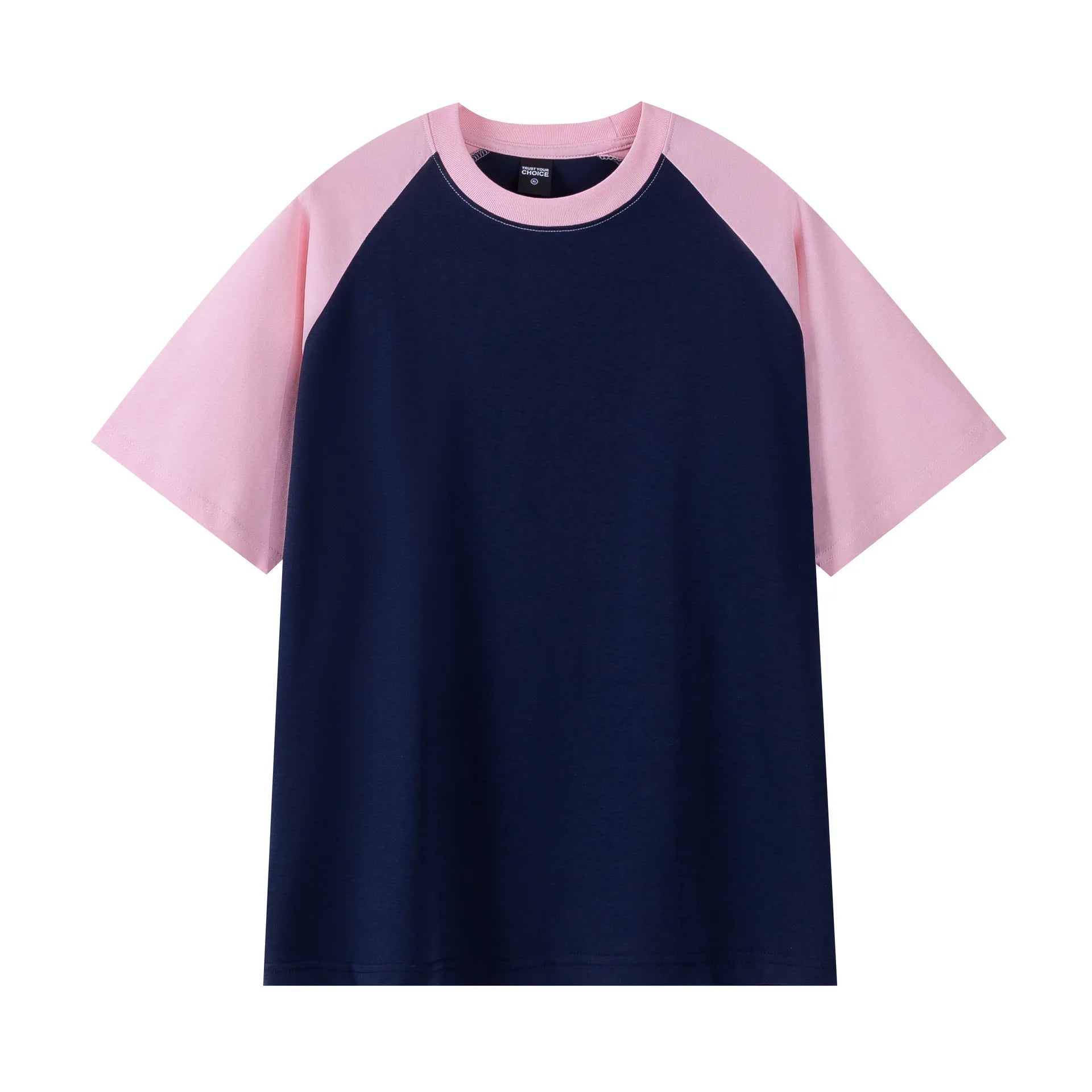 Navy blue t-shirt with pink sleeves on a white background
