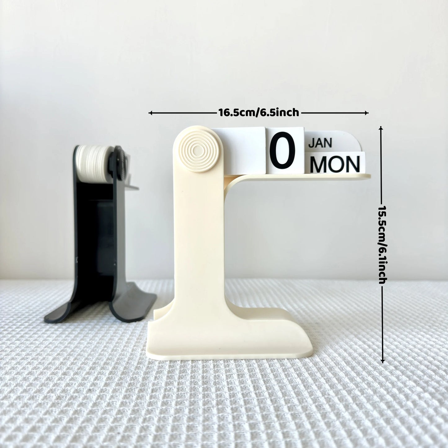 Beige Minimal Calendar with measurements on a white surface