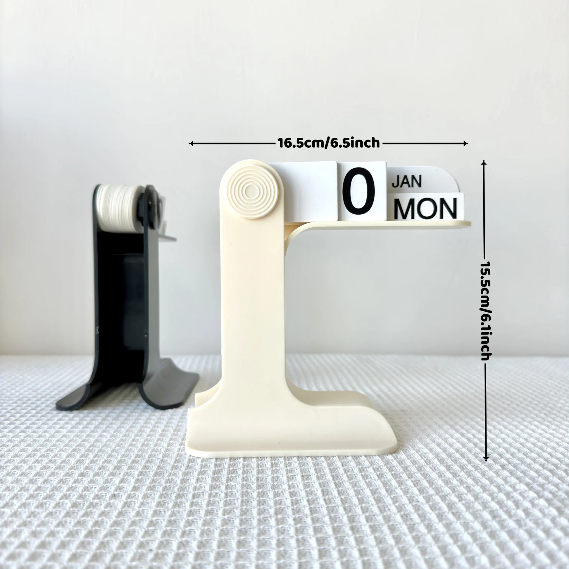 Beige Minimal Calendar with measurements on a white surface