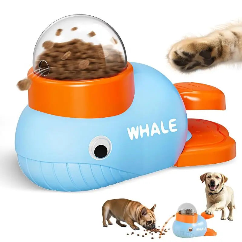 Dog toy shaped like a whale with a transparent top for treats, surrounded by images of dogs and paw prints.
