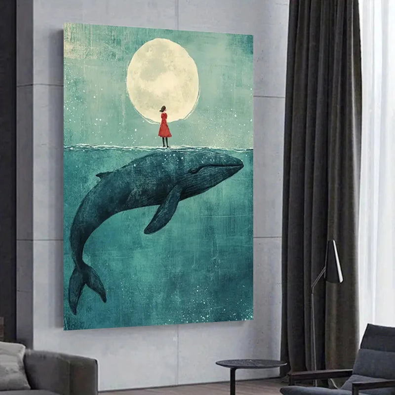 Canvas print of a woman in a red dress standing on a whale's back under a large moon, hanging on a wall.