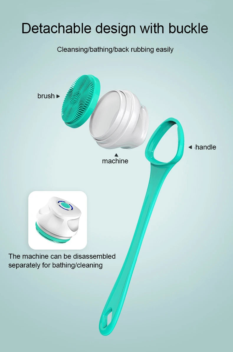 Teal and white cleaning device with detachable parts on a light blue background