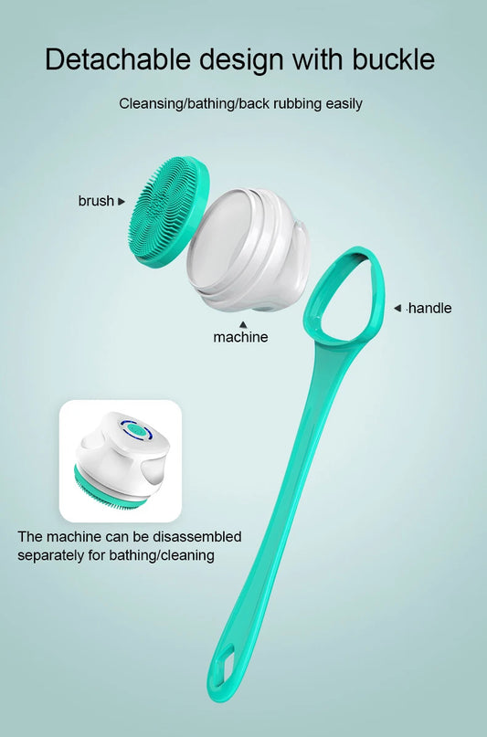 Teal and white cleaning device with detachable parts on a light blue background