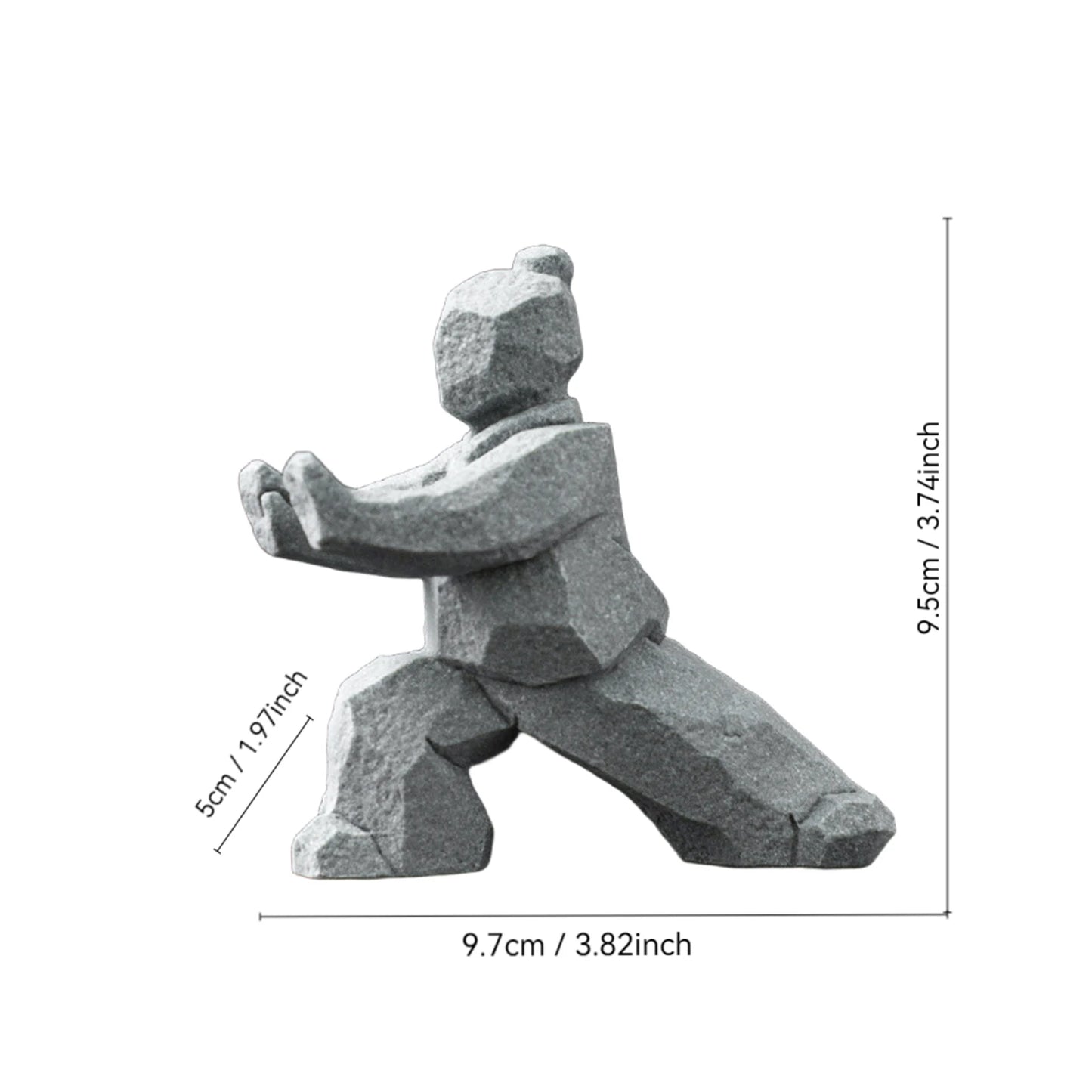 Gray stone sculpture of a person in a dynamic pose with dimensions indicated.
