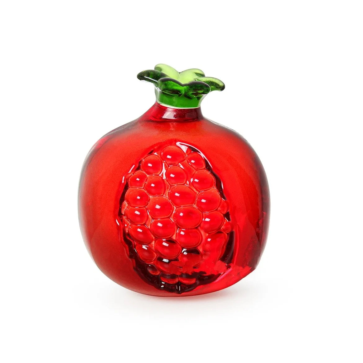 Red glass pomegranate-shaped vase with green top on a white background