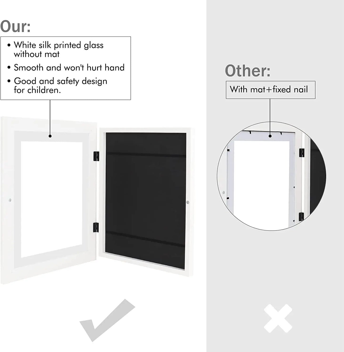 Comparison of white silk printed glass without a mat and with a mat and fixed nail, highlighting safety features for children.