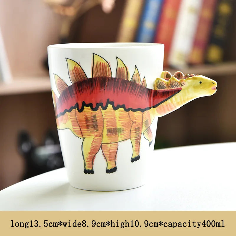 Dinosaur-themed mug on a table with blurred background