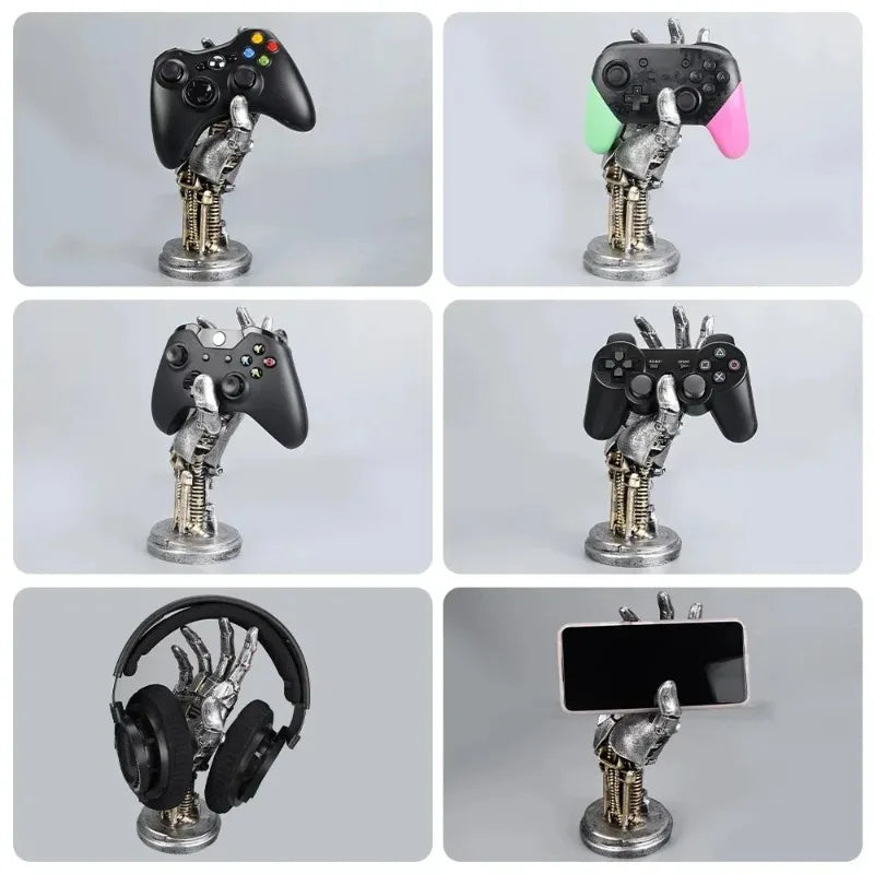 Set of five images showing a unique holder with mechanical design holding gaming controllers, a phone, and headphones.