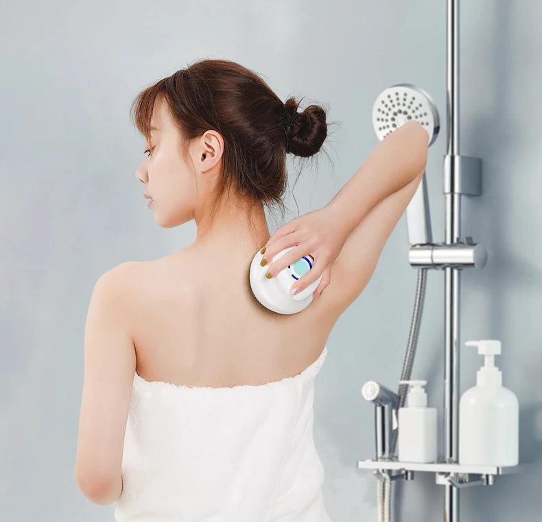 Woman using a handheld showerhead in a bathroom setting