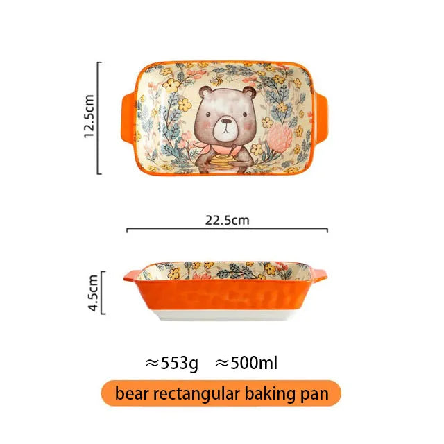 Rectangular baking pan with bear design and measurements on a white background