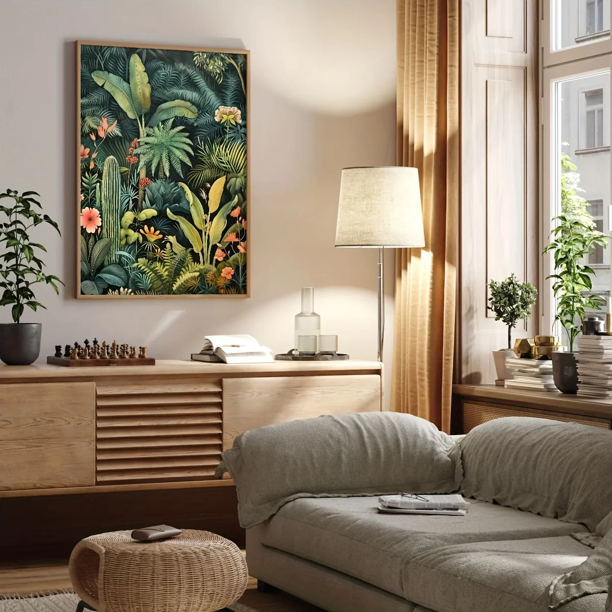 Living room with a sofa, coffee table, and a Set of three vintage botanical canvas prints featuring tropical plants, exotic flowers