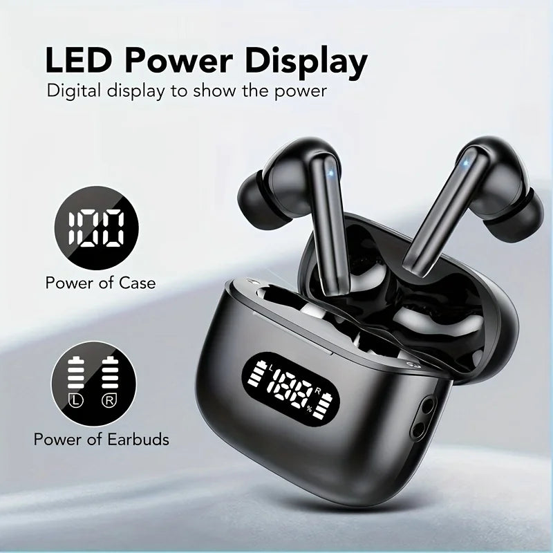 Black wireless earbuds with LED power display on a light gray background