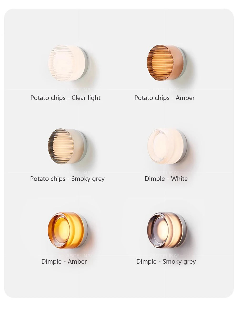 Set of wall lights with different color options on a white background
